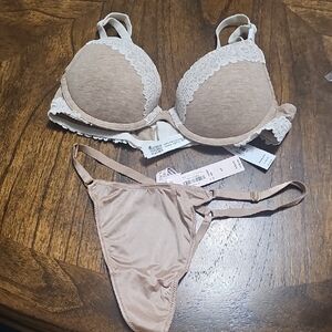 Victoria's Secret Lace Trim Bra and Panty Set - Tan and Cream